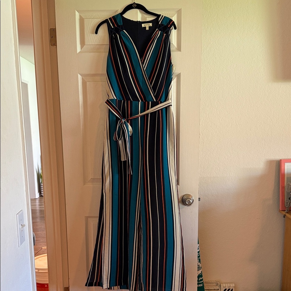 Striped Teal & Black Wrap Jumpsuit with Belt